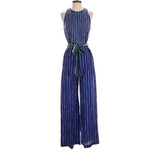 Mango Sleeveless Belted Jumpsuit in Blue and White Pinstripes